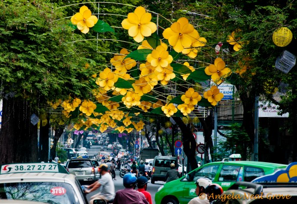 Streets in Ho Chi Min City decorated for Tet