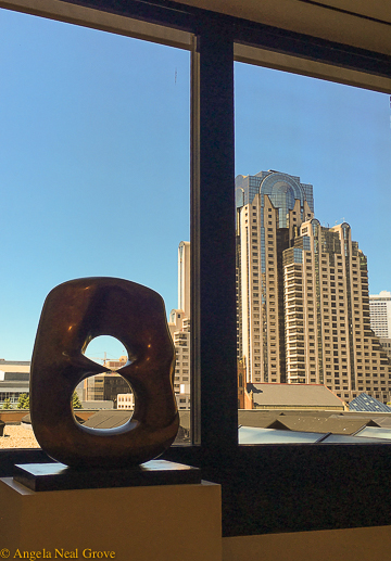 Art Cornucopia: Henry Moore Sculpture silhouetted against San Francisco skyline. Photo: Angela Grove