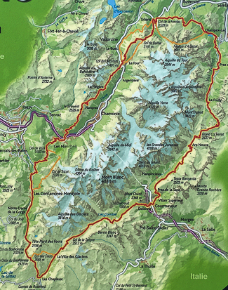 Mont Blanc Challenge: Map showing the hiking circuit around the massif dominated by Mont Blanc