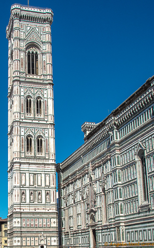 Florence Highlights and Tuscan Tales: The campanile, or bell tower of the Cathedral in the heart of Florence. It was designed by Giotto