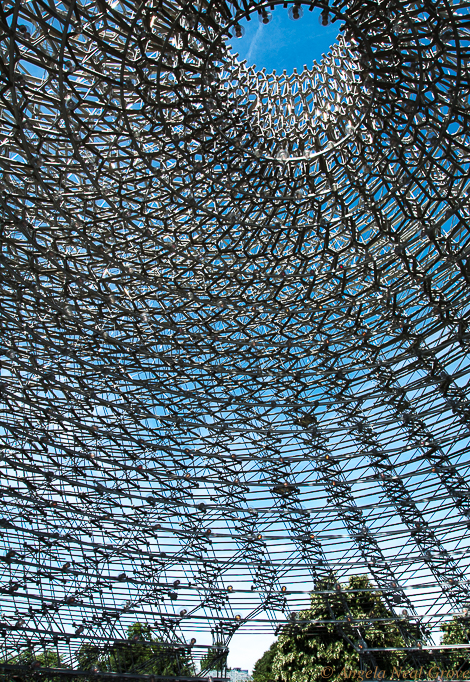 View from the inside of The Hive at Kew Gardens, England. An immersive installation which is an ode to honeybees