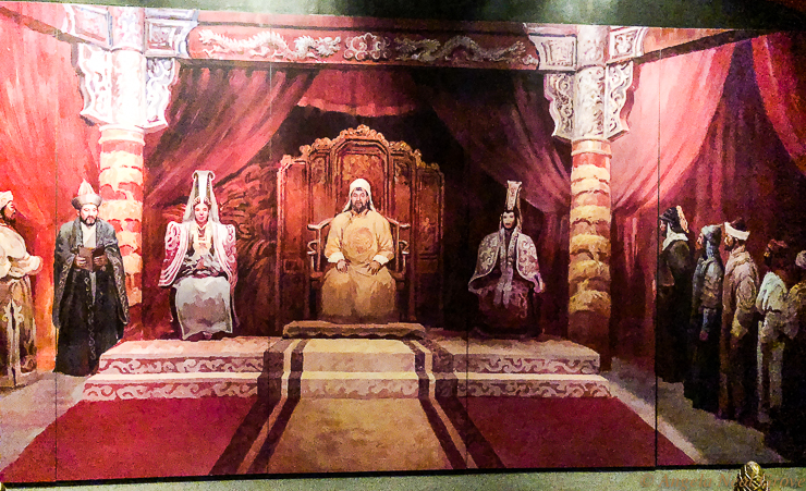 Depiction Genghis Kahn on his throne at his cosmopolitan capital, Karakoram