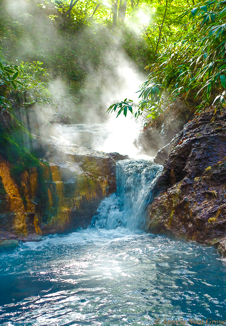 Japan Tip to Toe: Shikotsu-Tōya National Park which has active volcanoes and hot springs which bubble through the forest. Hikers stop to soak their feet in the warm water. Image: A.N.Grove