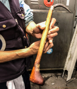 Tokyo Tsujiki Fish Market is going going gone...Tuna pick which is carried by wholesalers to remove a tiny morsel of fish from the tail to check on texture, color and oil content.//A.N.Grove