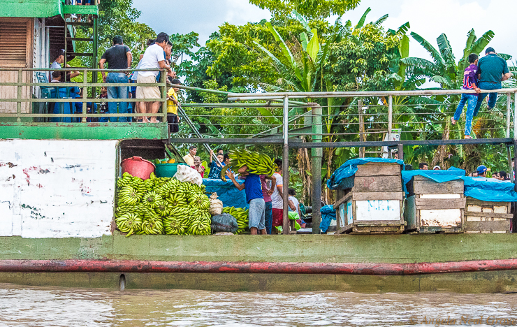 Amazon River Life: Bananas and fish being loaded onto a large transport vessel for the trip to Iquitos where the produce will be sold. // PHOTO: ANGROVE