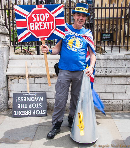 London summer news and views. This is Steve. He has become quite a fixture on evening broadcasts. Always good for a pithy comment. He is pictured here outside the railings of the houses of Parliament. There is quite a sub-culture of Pro an Anti-Brexit characters outside the Houses of Parliament.//Photo: ANGrove