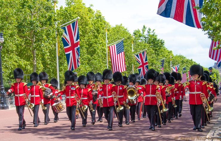 Summer News and Views from London. Band of Grenadier Guards marching up the Mall towards Buckingham Palace