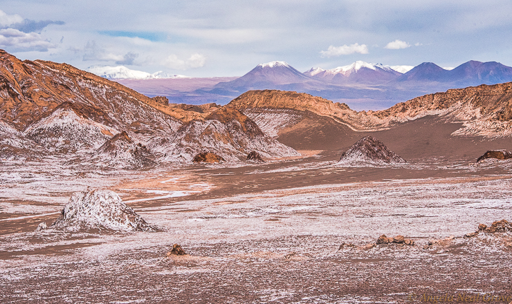 Otherworldly Atacama Desert, Valley of Mars with snowcapped volcanoes