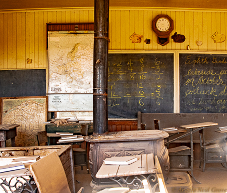 Is Bodie Ghost Town Haunted?Looking through the windows of the schoolhouse the scene is orderly. Math and English sentences are on the blackboards. An atlas on the wall shows Europe before World War 1 . PHOTO://ANGROVE