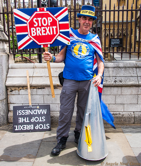 Brexit Ushers a New Era. This is Steve. A passionate Remainer. He campaigned for days outside the Houses of Parliament and was a fixture on evening news broadcasts. His cause was lost along with many others in the UK. For many remainers there is an overwhelming sense of sadness. When I spoke with Steve in June he he was still hoping for another referendum. Photo: AN Grove