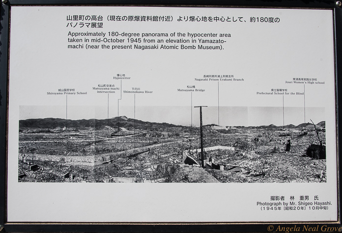 This photograph shows the devastation of the city of Nagasaki after the bomb was dropped.
It hangs in the Nagasaki Bomb Museum which covers history of the event. // PHOTO: ANGROVE