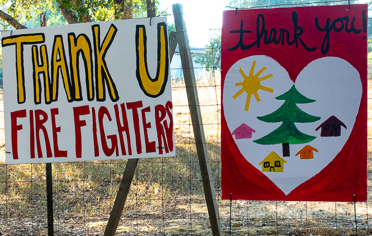 Heartfelt messages for the frontline firefighters roads near the site of the Wallbridge Fire in Sonoma. Flags were also flying after the fire. //PHOTO; ANGROVE