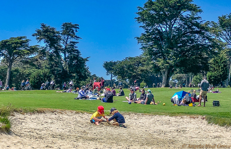 San Francisco's Presidio Golf Course was closed to golfers. It was discovered by families who strolled the scenic fairways and picniced on the grass while children discovered a new beach in the sand traps. It was a favorite during lockdown. PHOTO;//ANGROVE