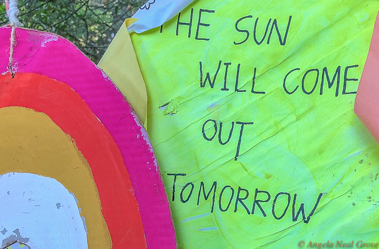 Children painted posters and hung them on a tree by a trail in San Francisco's Presidio. When would the sun come out again? PHOTO;//ANGROVE