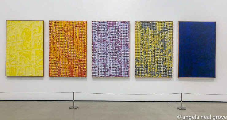 At the Broad,contemporary art museum in L.A., is a set of five canvas panels of Rouen Cathedral by Roy Lichtenstein. Inspired by Claude Monet's famous paintings Lichtenstein embarked on his own Cathedral Series. Here is the cathedral in primary colors and benday dots. The Broad opened again recently. currently reservations are required. //PHOTO; ANGROVE