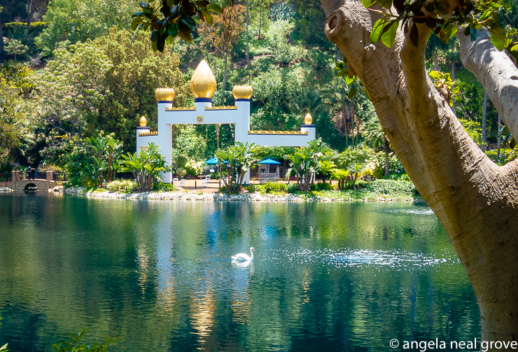 The Golden Lotus Archway at Lake Shrine beside the natural lake. The large lotus atop the archways are made of copper with a golden finish. In India the lotus flower is a symbol of the awakening of the soul to its infinite potential.
 // PHOTO: ANGROVE