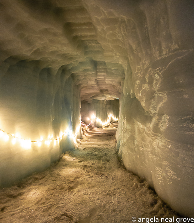 Inside the Langjokull Glacier, the second largest in Iceland. This man-made tunnel is part of a web deep below the surface. It is lit by christmas-type lights which occasionaly go out. Then it is completely dark. We walked through these deep, cold, wet dripping tunnels finding crevasses and even a chapel which has been carved from the ice, where weddings take place.  Iceland is a land of contrasts. //: PHOTO: A.N GROVE