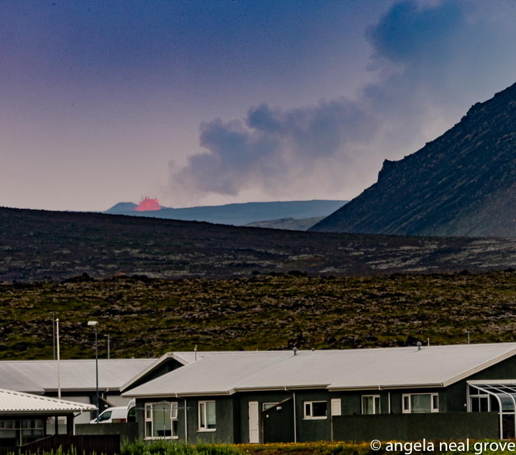 Fagradalsfjall volcano erupting.  We could see this display of molton lred ava clearly from about five kilometers away on the Reykjanes peninsula. It is close to Keflavik, Reykavick's international airport.  Iceland is a land of contrasts. //: PHOTO: A.N GROVE