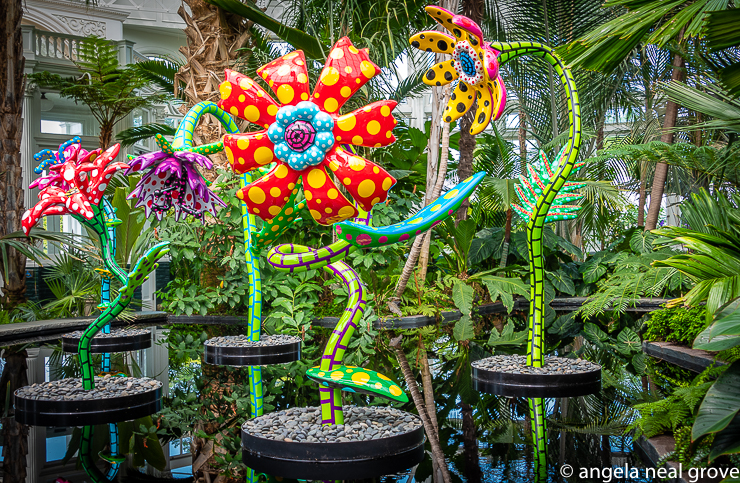 Enchanting Pumpkins:  My Soul Blooms Forever, 2019. Five larger than life flowers in the reflecting pool. The flowers are stunning set against the backdrop of stately trees in the Conservatory's Palms of the World Gallery  PHOTO; ANGROVE