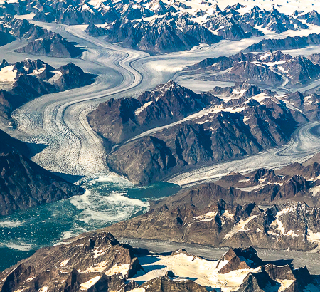 Multiple glaciers converging.  Seen from Iceland Air as I flew over Tunu Greenland. PHOTO;//ANGROVE