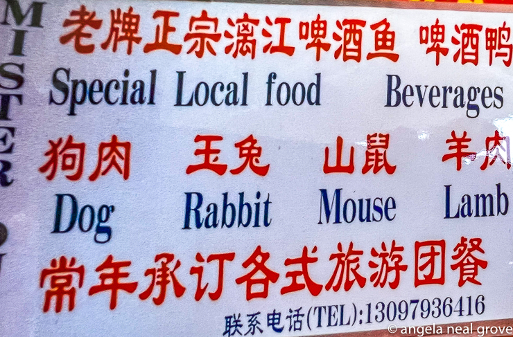 2002: This restaurant in Guilin offers local delicacies to tourists. The the lamb was probably goat, commented our guide, as there are few sheep in China. One restaurant in Guilin gave diners the chance to choose the animal from a cage before the meal.  These creatures possibly came from a wet market. Now wet markets and this type of restaurant are fortunately being discouraged. A good result of Covid-19 PHOTO://ANGROVE