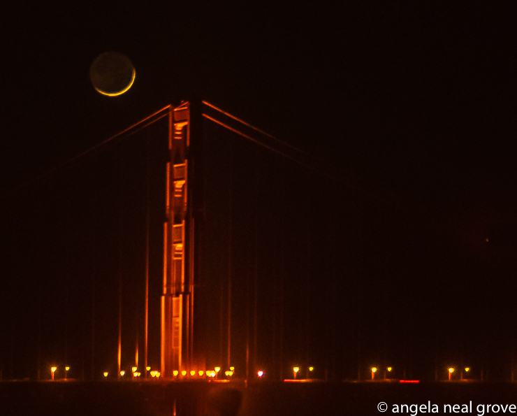 April 2021, new moon photographed as it approaches the North Tower of the Golden Gate Bridge.  PHOTO;// ANGROVE