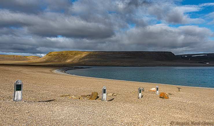 Northwest Passage Arctic Adventure: Beechey Island. Lonely Grave markers of crew members of the Franklin Expedition which ended in tragedy. These members died in 1846 and were buried here.
//PHOTO; ANGROVE