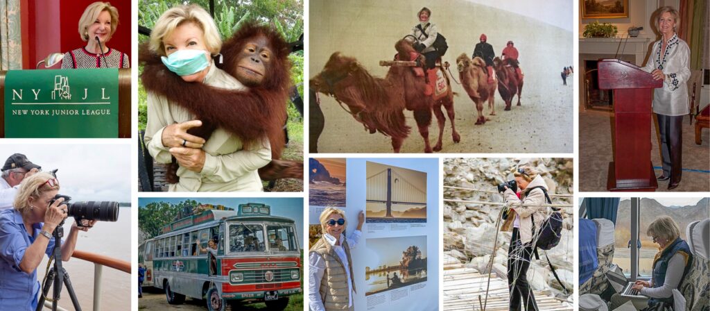 Collage of Angela Neal Grove: speaking; writing on a train in the Gobi desert; carrying an orphaned Orangutan at Camp Leakey, Borneo; on a camel ride through the Gobi desert; photographing in the Amazon and on the border of Afghanistan and China; on the bus during her 72-day journey from London the Kathmandu, and with one of her award-winning photographs of the Golden Gate Bridge. Photos by, or Courtesy of Angela Neal Grove.