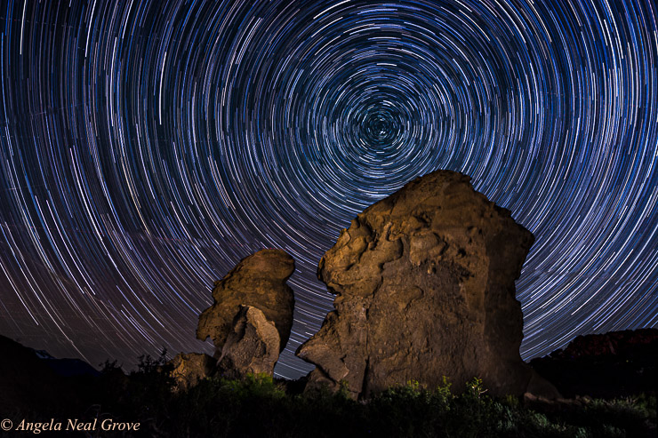 Image of Star Trails taken from a bluff above Moo Lake, California  In the center is the North Star. The camera catches colors of stars.   Photo: ©ANGROVE