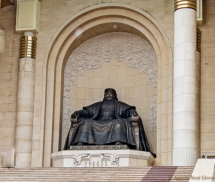 The statue of Genghis Khan dominates the central Sukhbaata Square in the center of UlaanBator, Mongolia. This is a favorite place to celebrate weddings. //Photo: ANGrove