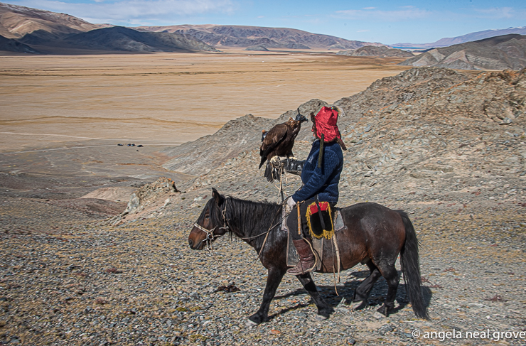 Kazakh eagle hunter on horseback on the Altai mountains, Mongolia. The sturdy long-tailed, shaggy-maned Mongolian horses take mountaineering in their sure-footed stride. Below, at the base of the mountain, are our vehicles. Photo:// A.N.Grove